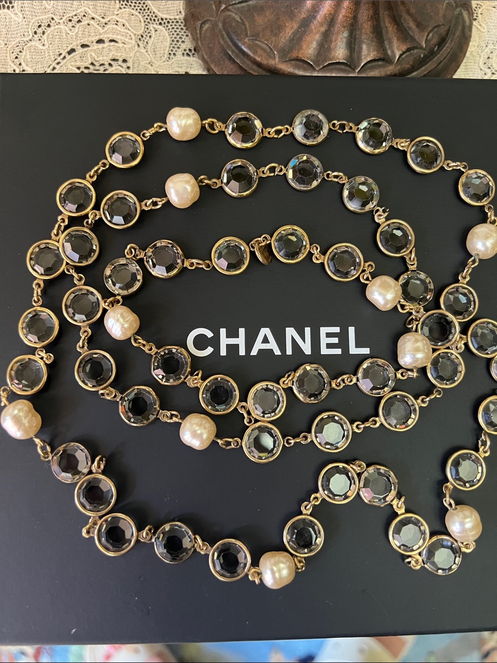 CHANEL Crystal and pearl Sautoir 24k gold plated necklace.